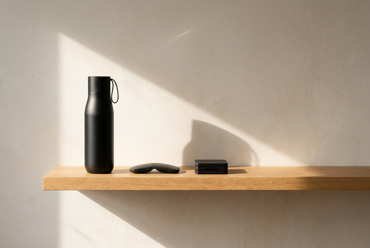 A mostly empty oak shelf in morning light holding three Daytakt objects: the smart water bottle, the folding mouse and the charging stand collapsed flat