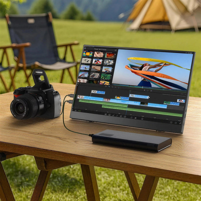 The portable monitor on a camping table beside a camera and a power bank