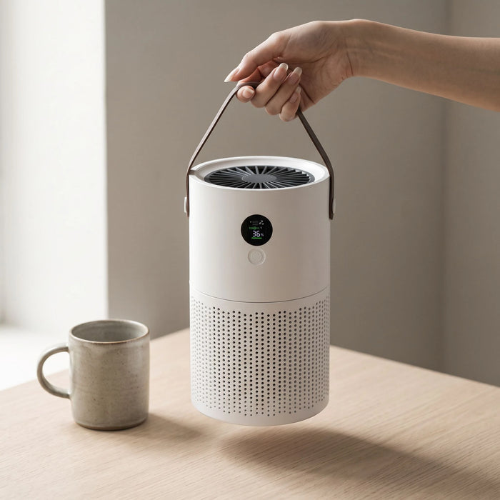 The portable air purifier — A strap, and a body you can lift in one hand