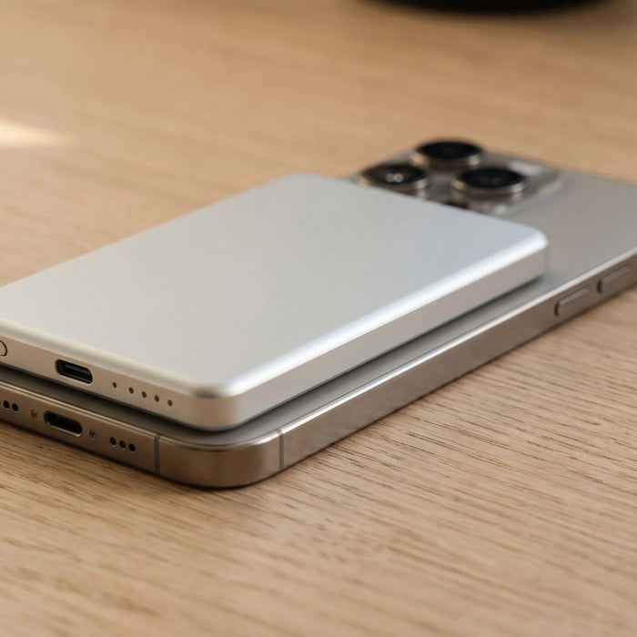 The power bank's aluminum body, showing a fingerprint lifting off the metal