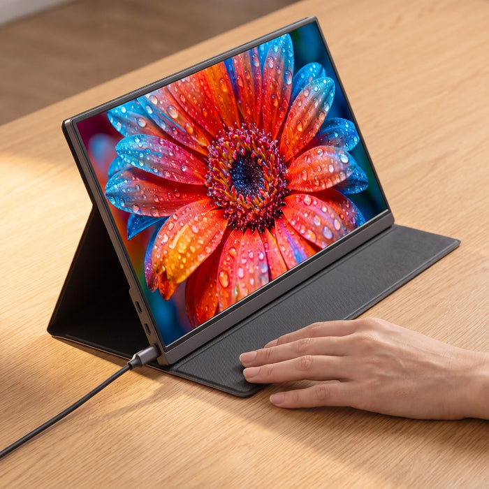 A hand resting on the case where it folds into the stand