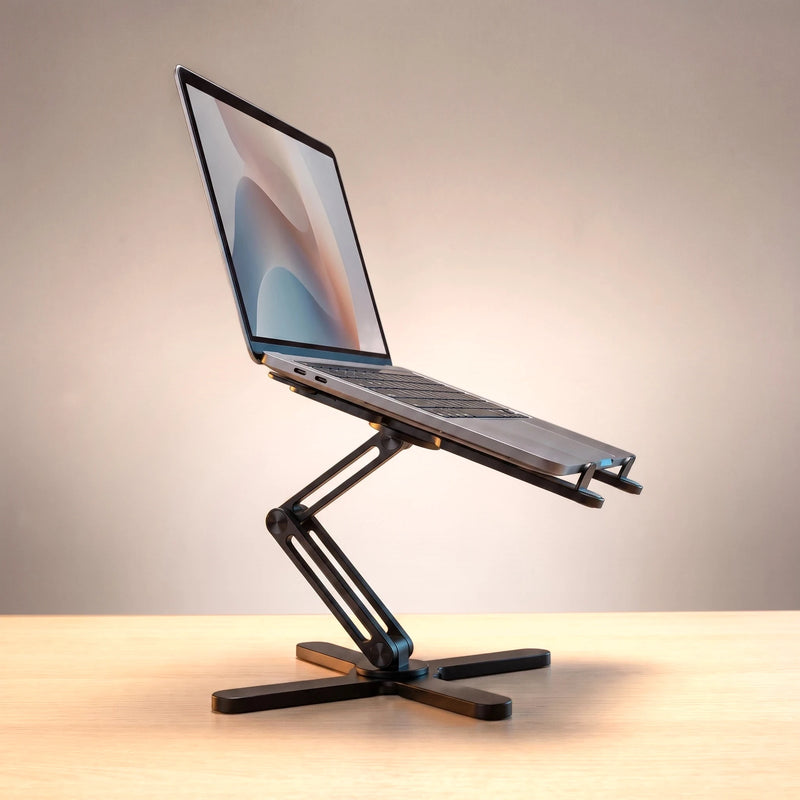 The folding laptop stand in Matte Black, holding a laptop at eye level