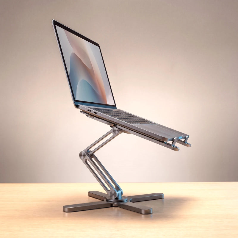 The folding laptop stand in Space Grey, holding a laptop at eye level