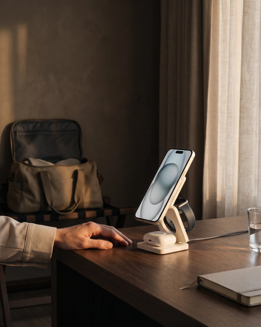 Foldable Charging Stand, open on a hotel desk