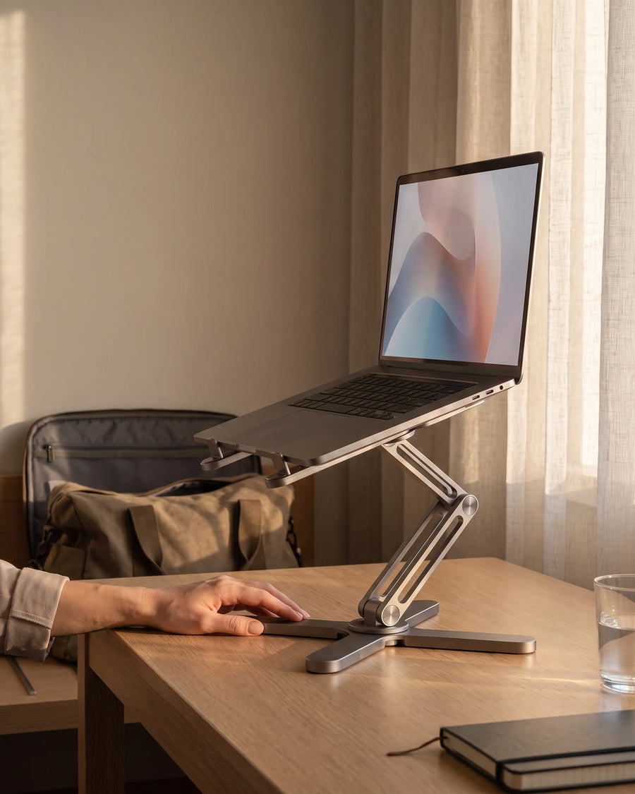 Swivel Laptop Stand, open on a hotel desk