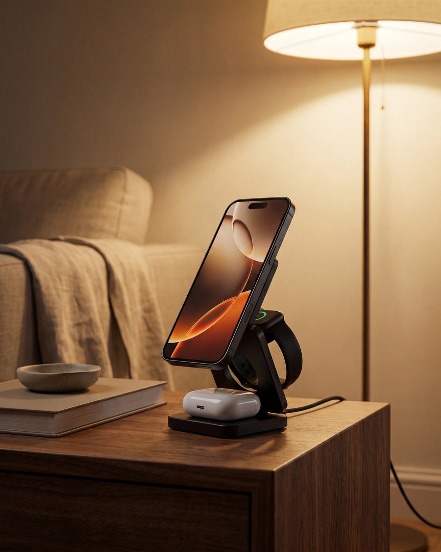 Foldable Charging Stand, beside the sofa in the evening