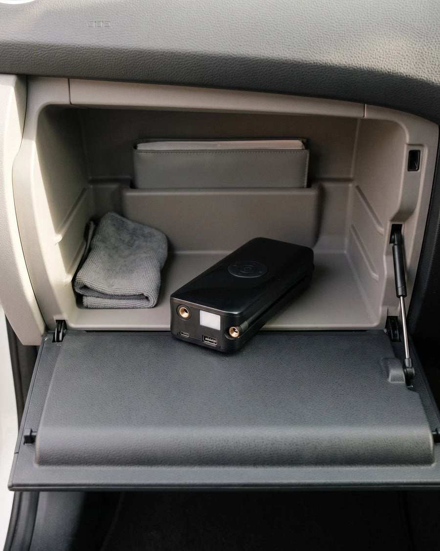 The cordless tire inflator — In the glovebox