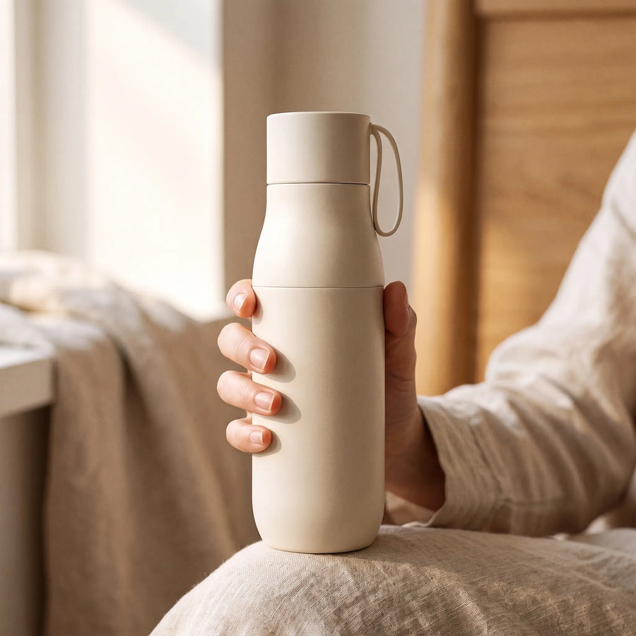The water bottle in hand