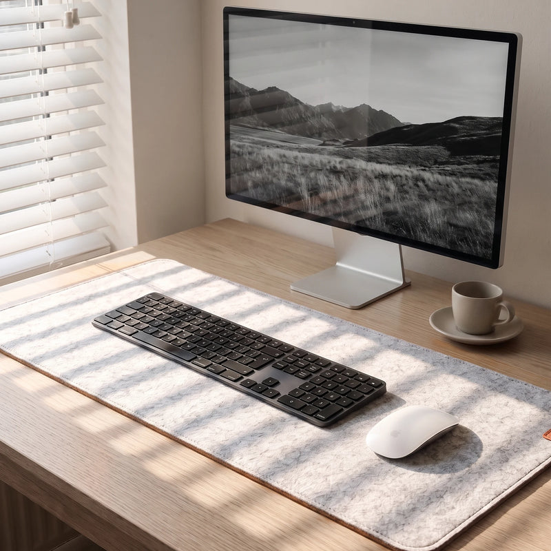 Felt & Cork Desk Mat in Ash on an oak desk in morning sun, with a monitor, a keyboard, a mouse and an espresso cup