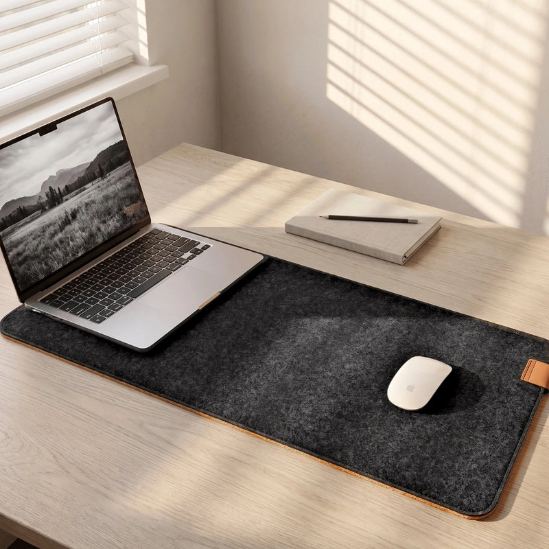 Felt & Cork Desk Mat in Charcoal on an oak desk in afternoon light, with an open laptop and a mouse