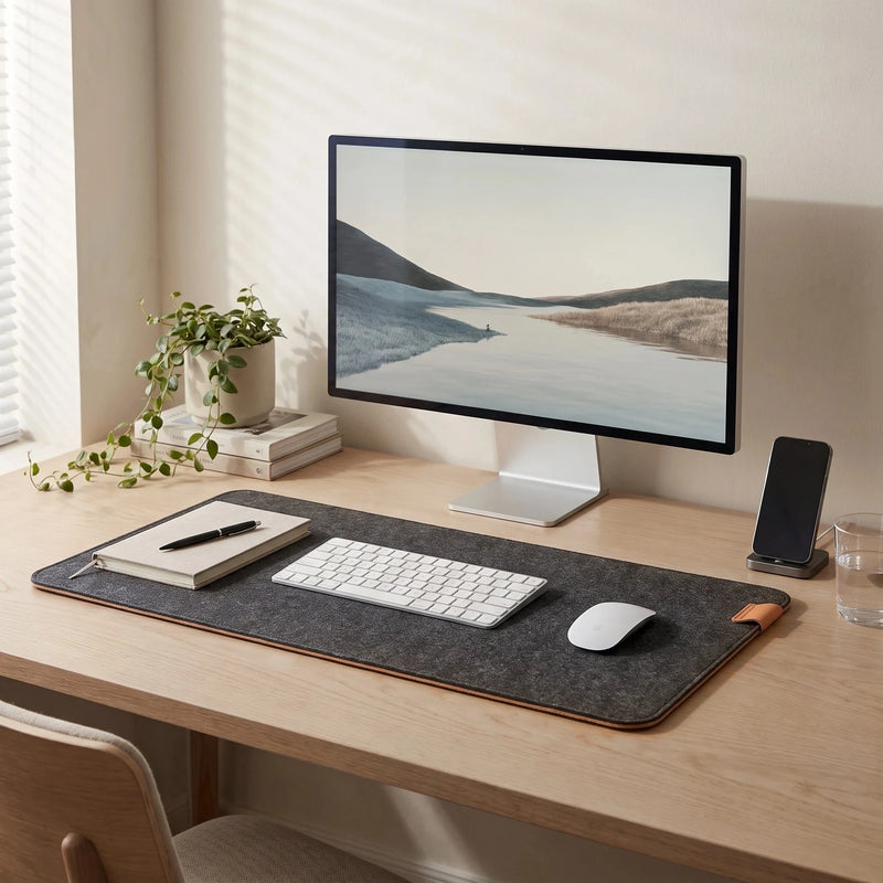 Felt & Cork Desk Mat in Charcoal on a home desk with a monitor, a keyboard, a mouse, a notebook and a plant