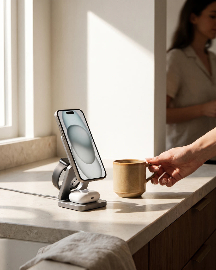 Foldable Charging Stand, charging three devices on the kitchen counter