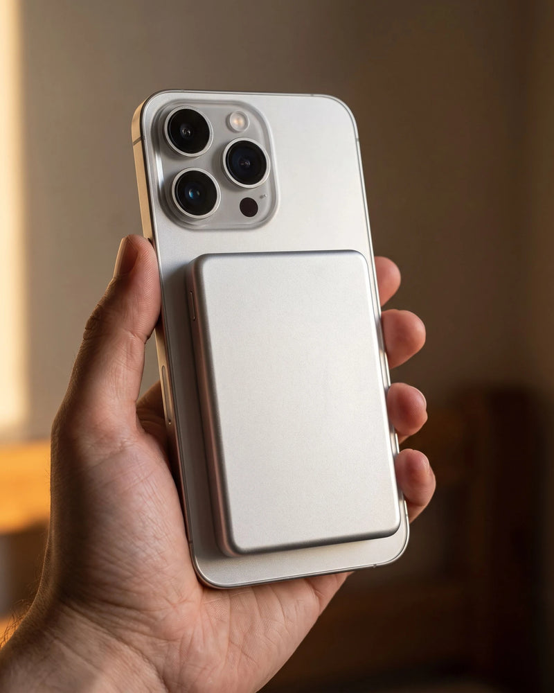 The natural aluminum finish on the back of a silver phone