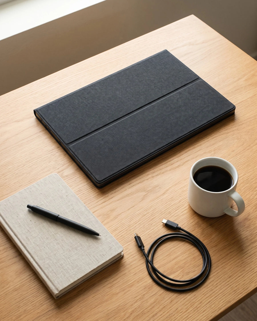 The portable monitor closed on a desk from above, beside a notebook and a mug