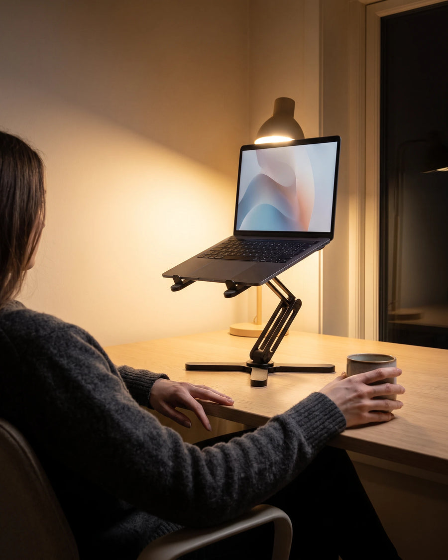 Swivel Laptop Stand, in use during the last hour of the day