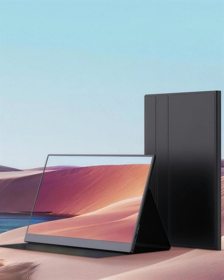 The portable monitor standing on its kickstand beside the folded case