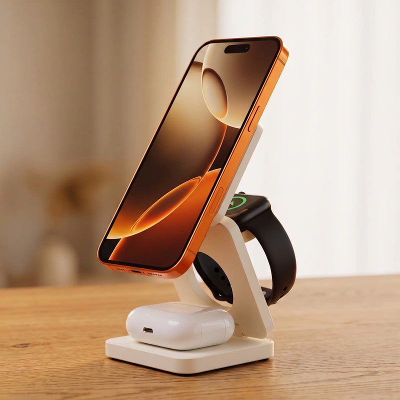 The charging stand, Cloud White, open with phone, watch and earbuds charging