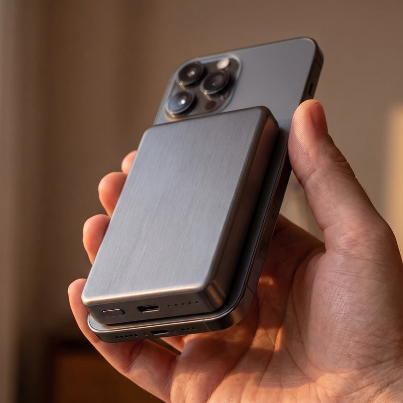 The power bank in dark gunmetal, 10000mAh height, held on the back of a dark grey phone, its blank side outward