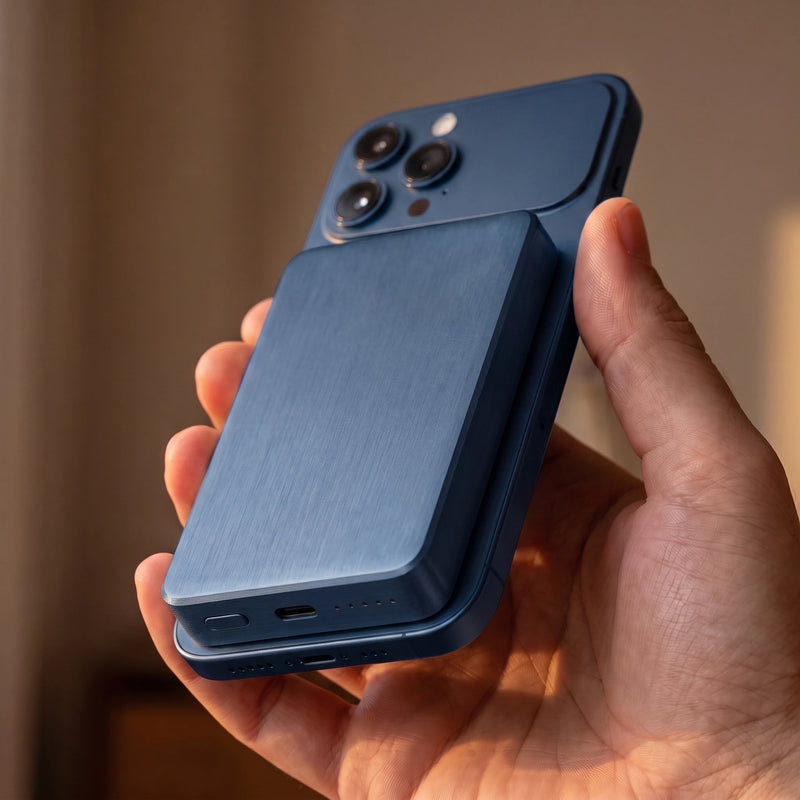 The power bank in midnight blue, 10000mAh height, held on the back of a matching midnight blue phone, its blank side outward