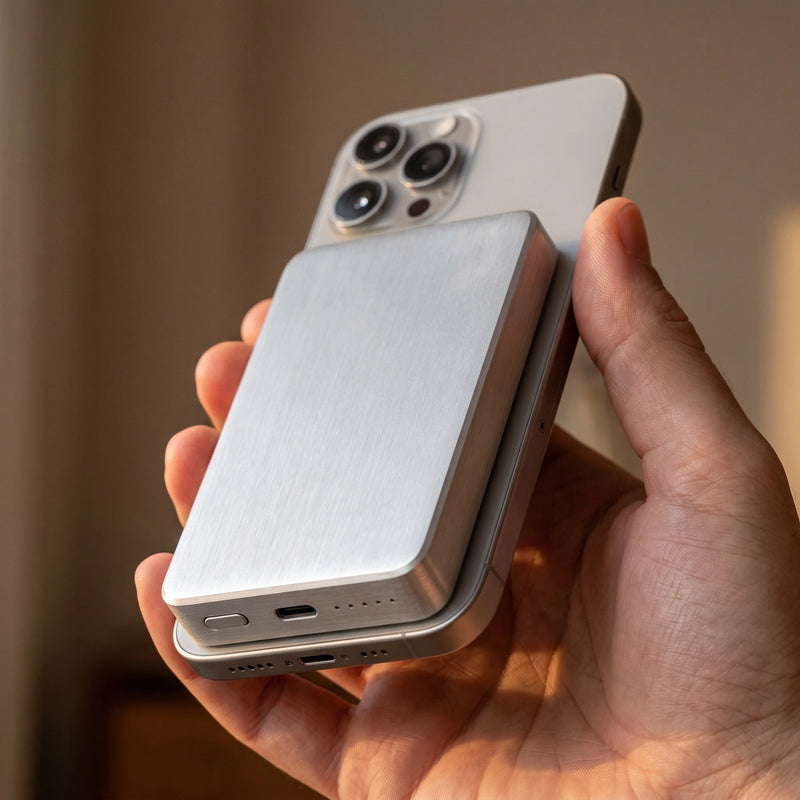 The power bank in natural aluminum, 10000mAh height, held on the back of a silver phone, its blank side outward
