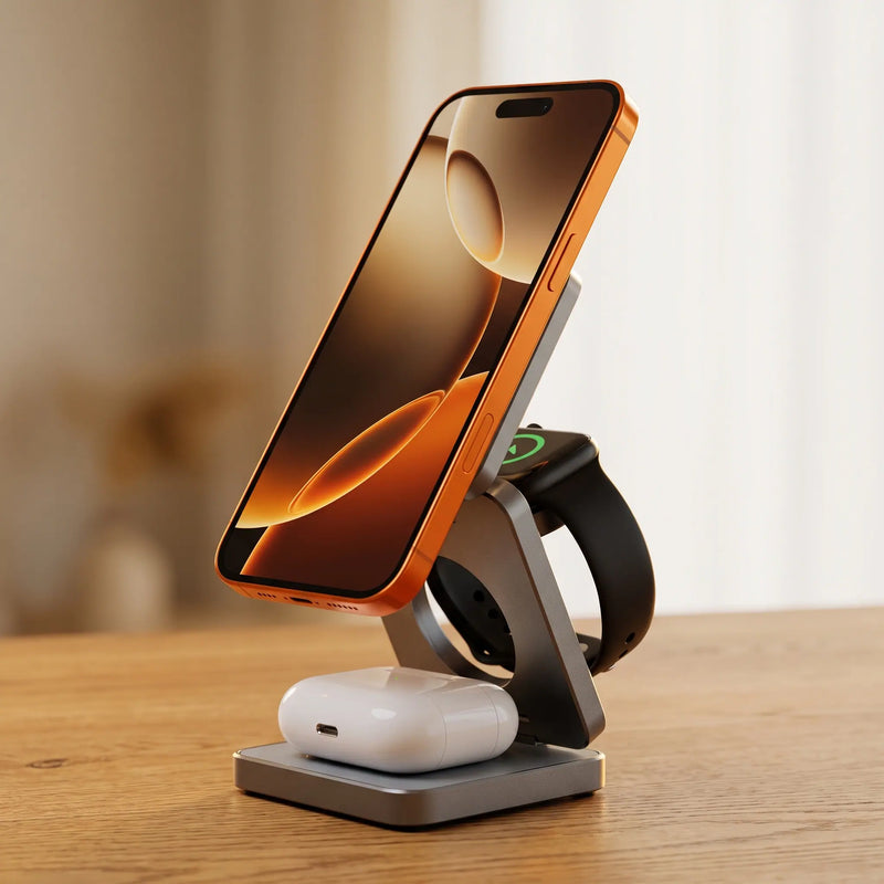 The charging stand, Stone Grey, open with phone, watch and earbuds charging