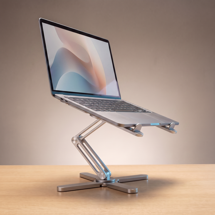 The laptop stand raising a laptop screen to eye level
