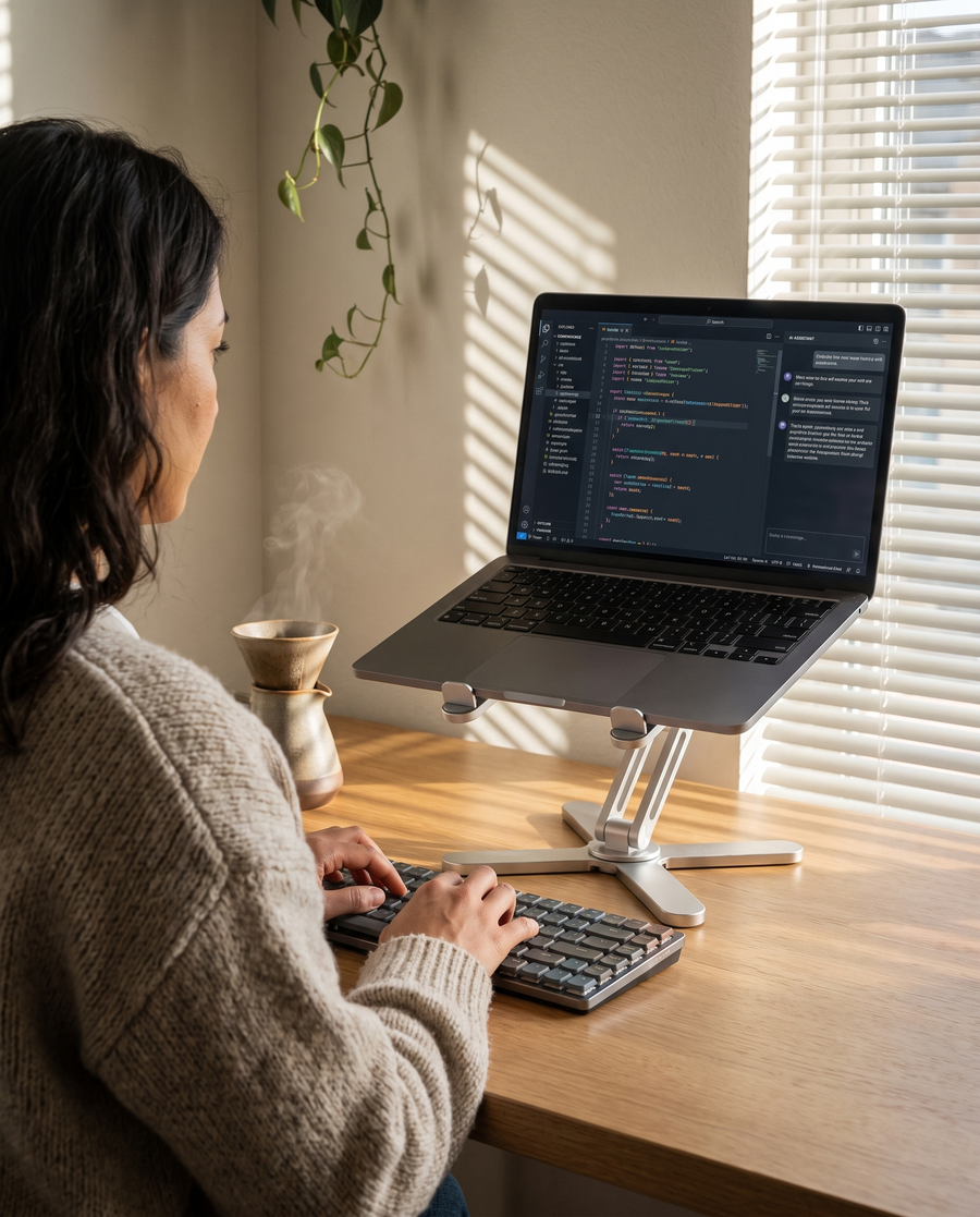 Working at a desk with a laptop raised to eye level on the laptop stand