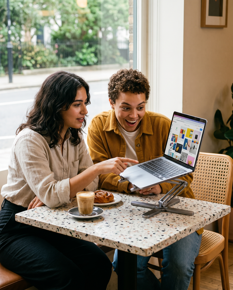 Two friends at a café sharing a laptop screen turned on the laptop stand's swivel base