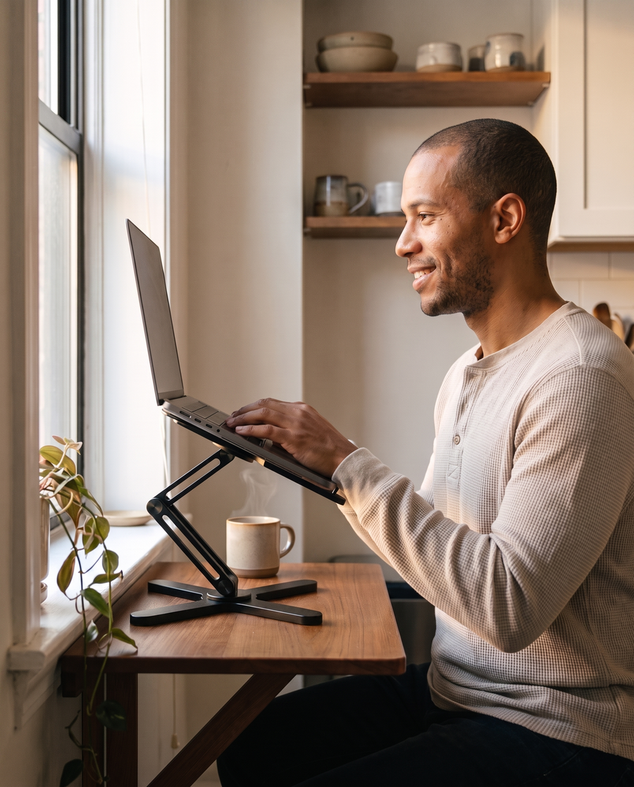 A person working in a small kitchen-corner workspace with a laptop raised on the laptop stand, side profile