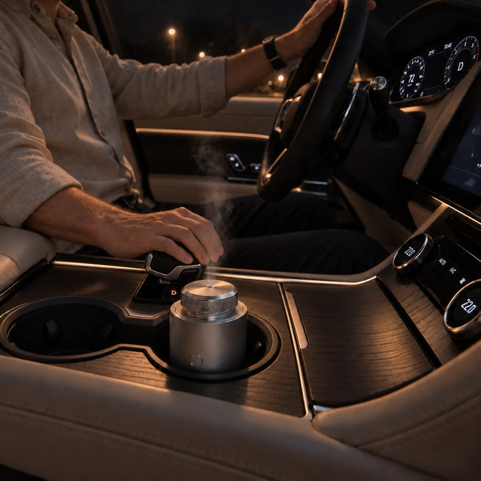 The car diffuser misting in the cup holder on a night drive