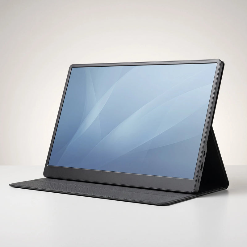 The portable monitor seen from the front, screen lit
