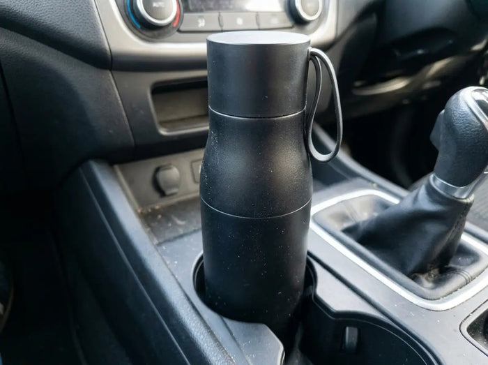 Customer photo, the water bottle in Mystic Black in a car