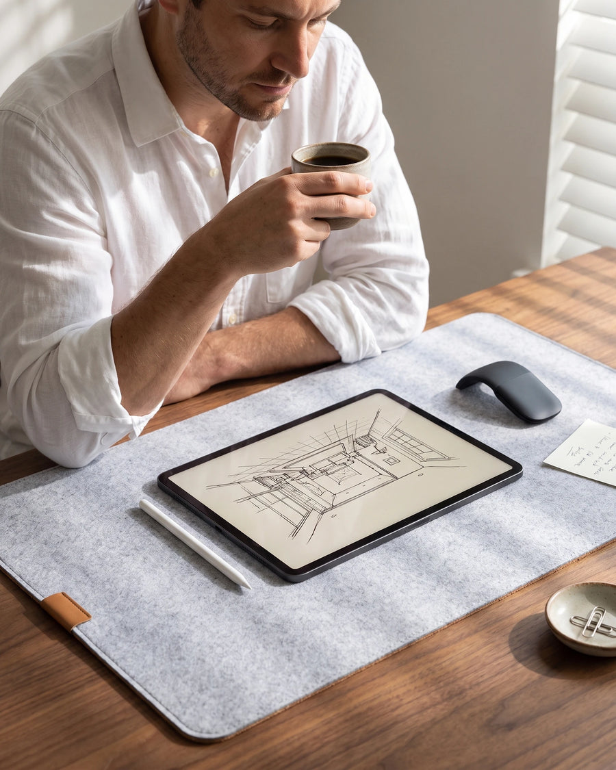 Coffee set down on the felt desk mat
