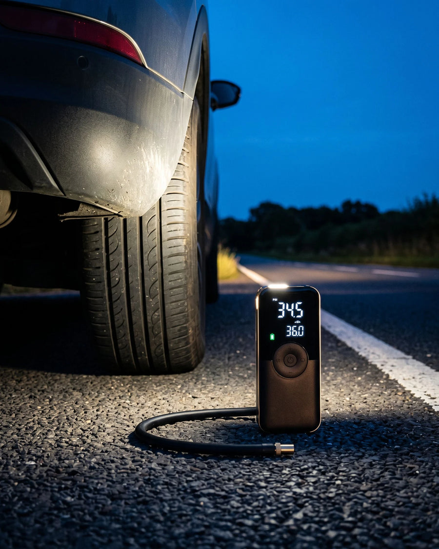 The cordless tire inflator — A dark shoulder, an hour from home