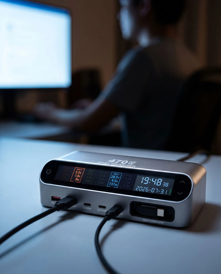The desk charging station — When the laptop is working hard