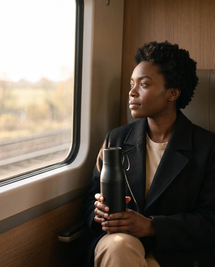 The water bottle on the move, seated on a train