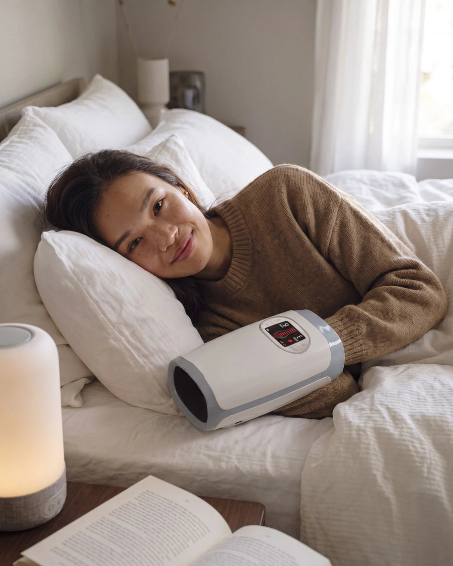 The heated hand massager — Saturday, and no desk anywhere