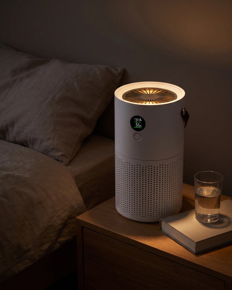 The portable air purifier — The bedside, after the light goes out