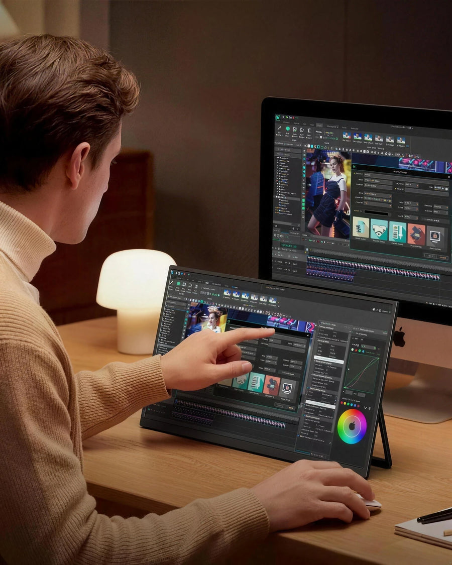 The portable monitor on an evening desk beside a larger screen