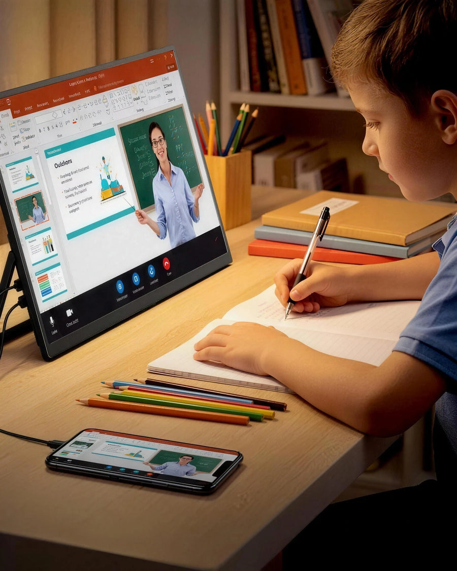 The portable monitor showing a lesson beside an open notebook