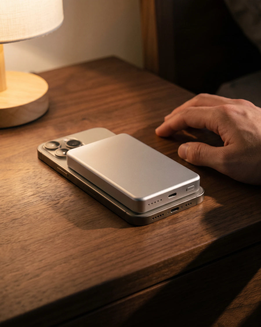 The taller slab on the back of a phone on a dark walnut nightstand, lit by one bedside lamp