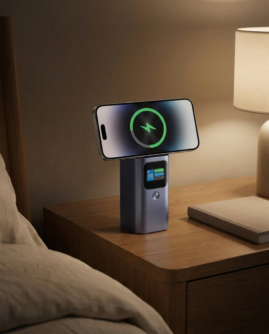 The magnetic power bank — Bedside at night