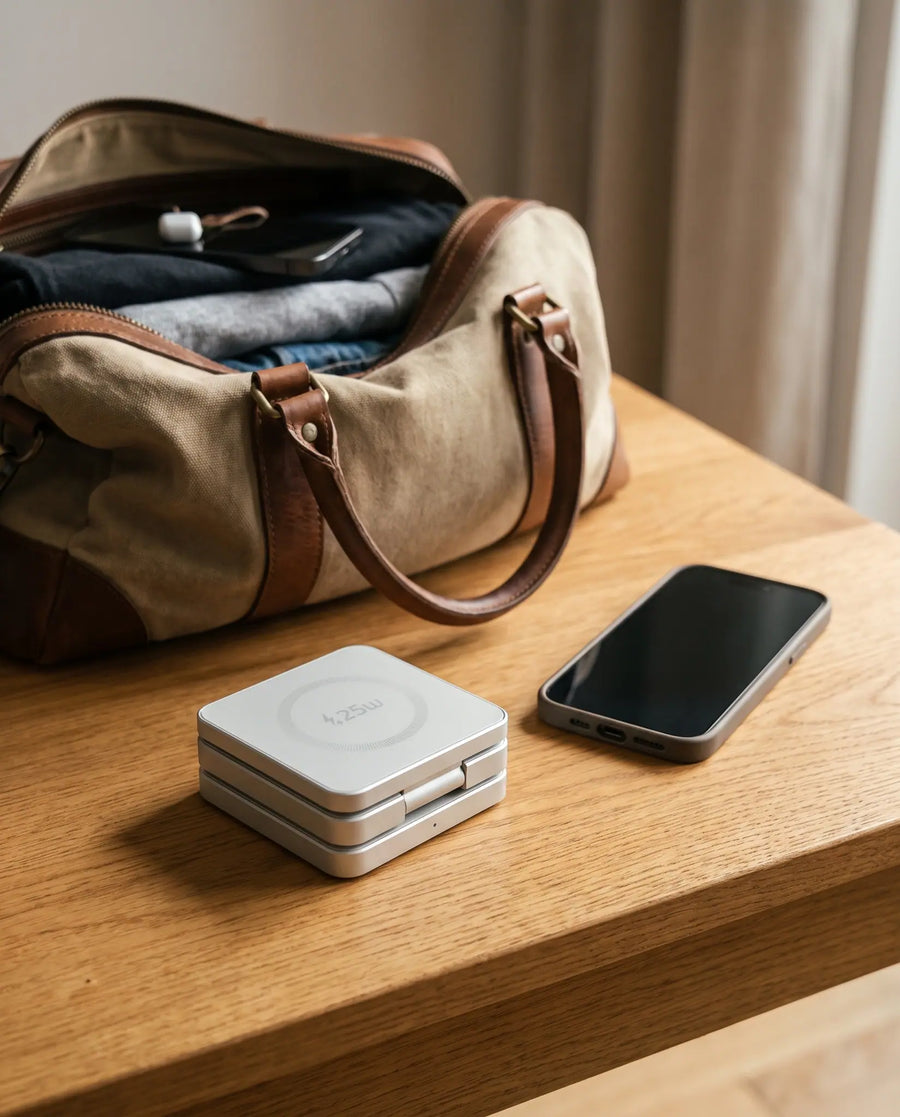 The charging stand folded flat beside a travel bag