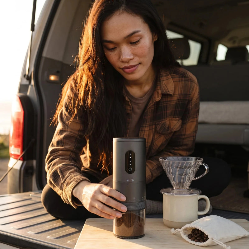 Burr Coffee Grinder — The van, parked wherever last night ended