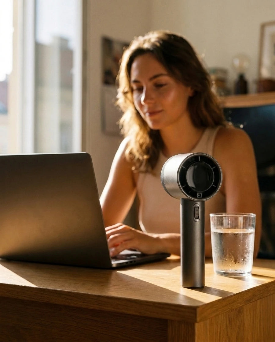 The handheld fan — At a warm desk