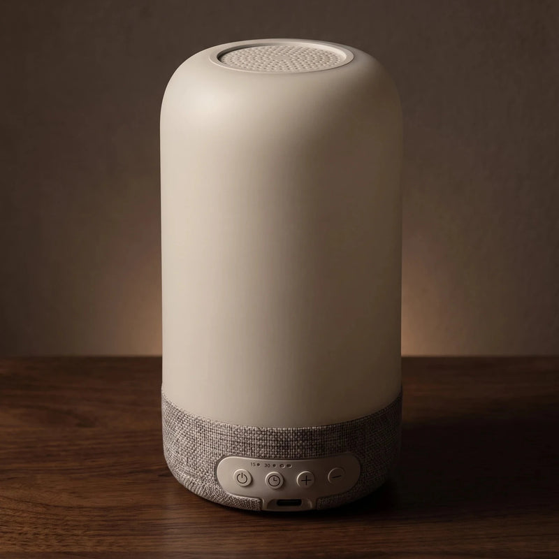 The bedside lamp — unlit, clean matte-white form