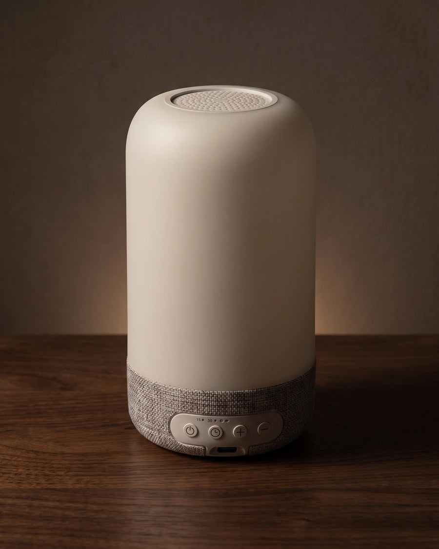 The bedside lamp — unlit, clean matte-white form