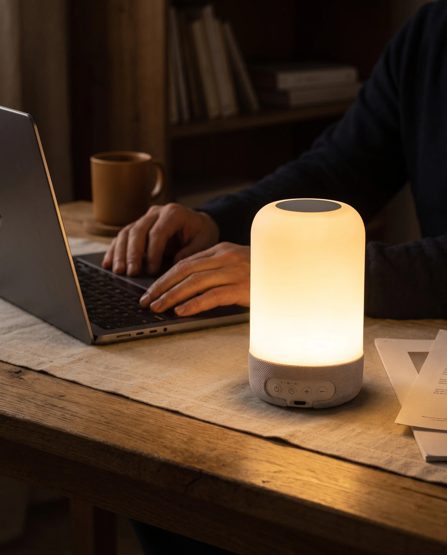 The bedside lamp — At the desk