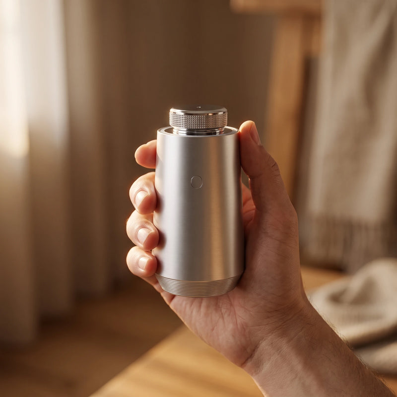 The car diffuser held in hand — palm-sized