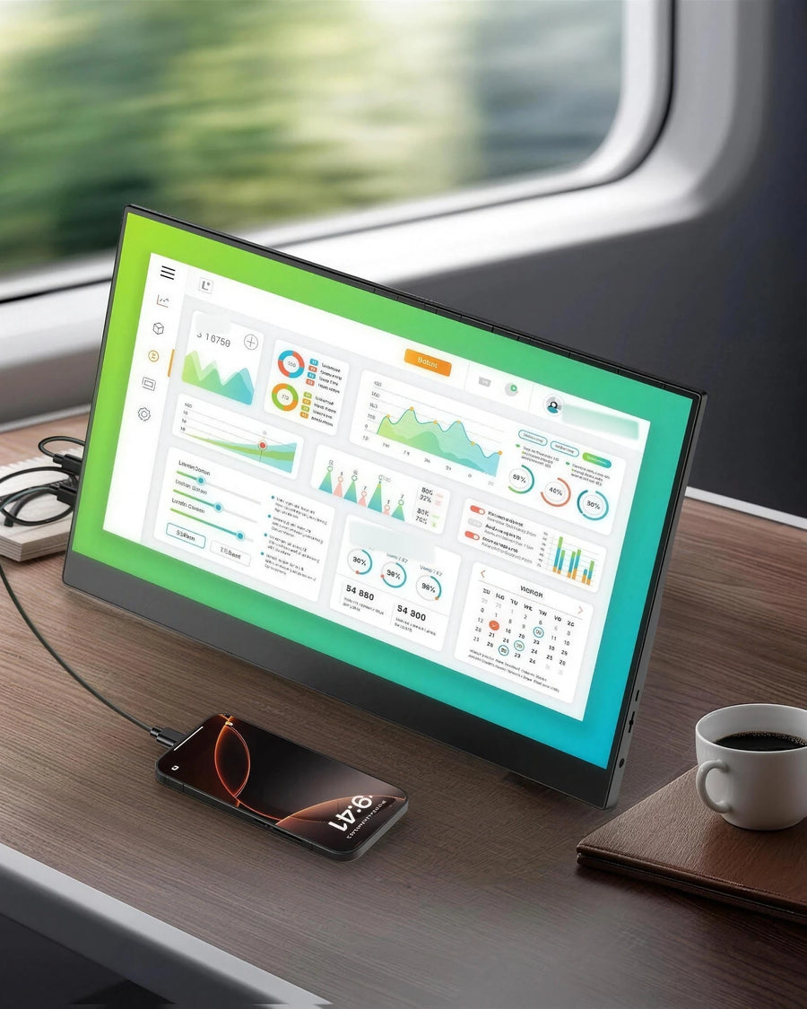 The portable monitor open on a train table beside a phone, a dashboard filling the screen, countryside blurring past the window